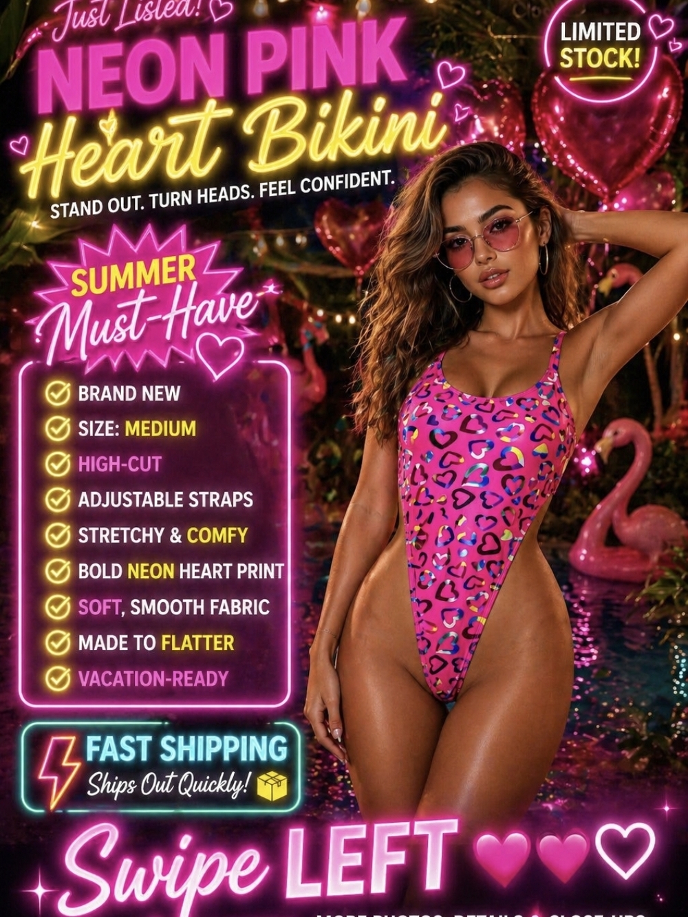 Neon Pink Heart Print High-Cut Bikini
